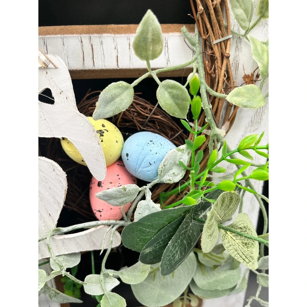Happy Easter Farmhouse Window Pane Wall Decor Bunny Wreath Eggs Rustic 18